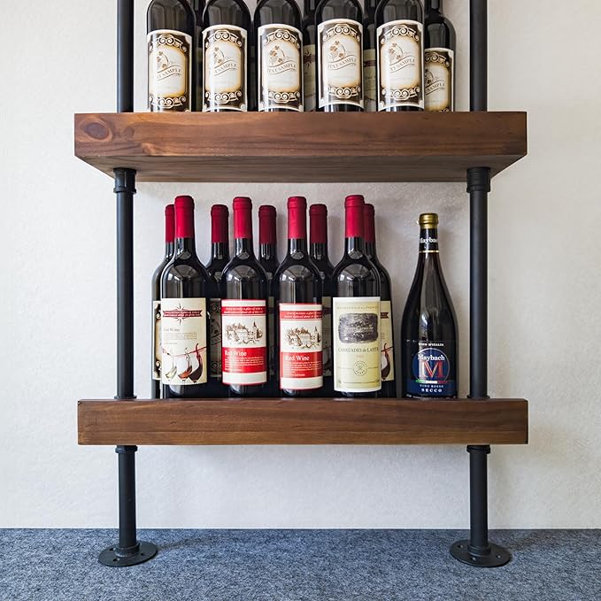 Industrial Wine Rack Wall Mounted, Industrial Pipe Bar Shelf for Wine Display, 5-Tier Rustic Hanging Organizer for Wine Bottle Storage in Kitchen, Bar, Pub, Cellar(Walnut Brown, 24 Inch)