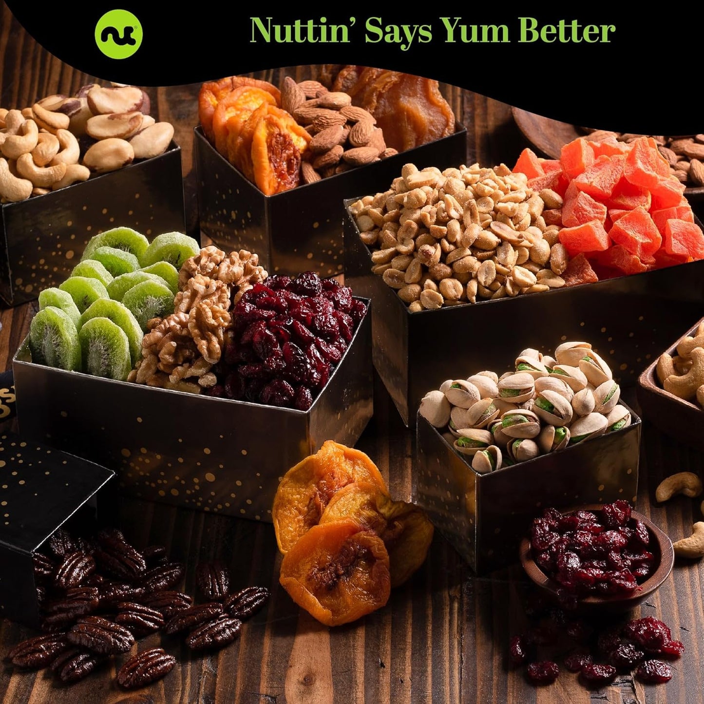 NUT CRAVINGS Gourmet Collection - Thank You Appreciation, Nuts & Dried Fruits Tower Gift Basket, with TY Ribbon + Greeting Card (12 Assortments) Food Arrangement, Healthy Snack, Food Assortments