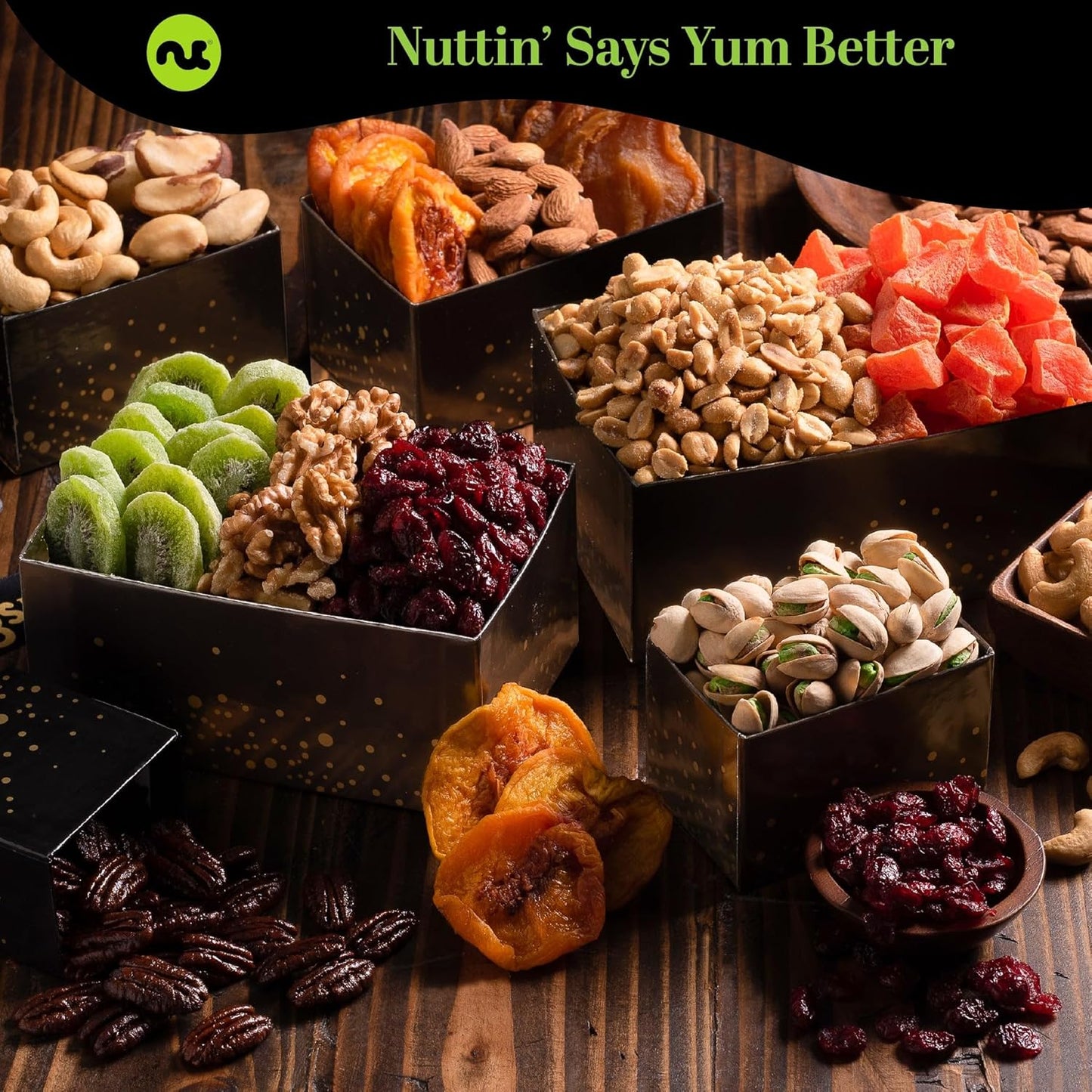 NUT CRAVINGS - Mixed Nuts Gift Basket Black Tower + Heart Ribbon (12 Assortments) Food Arrangement, Healthy Snack Care Package, Food Assortments
