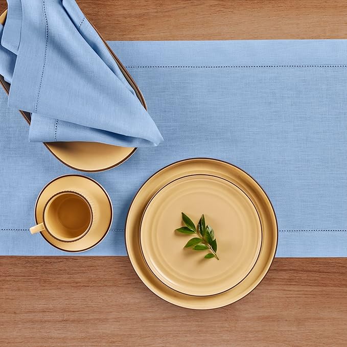 Solino Home Linen Cornflower Blue Table Runner 90 Inches Long - 100% Pure Linen Hemstitch 14 x 90 Inch Table Runner for Dining, Christmas, Holiday, New Year - Classic Hemstitch