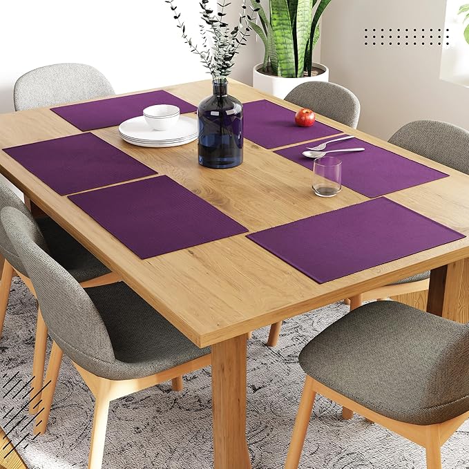 Encasa XO Dining Placemat Set of 6 | Solid Purple Color | Fine Ribbed Cotton Table mat | Size 19x13 in |for Dining Table Fall Decoration, Holiday & Christmas Festivals - Machine Washable
