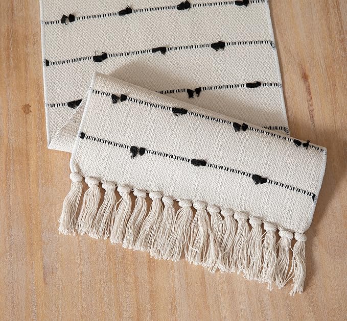 Caflife Boho Table Runner 90 Inchs Long for Modern Farmhouse Room Home Decor, Black and Beige Coffee Table Runner, Natural Cotton Woven with Tassels Neutral, for Kitchen Dining Table Decor