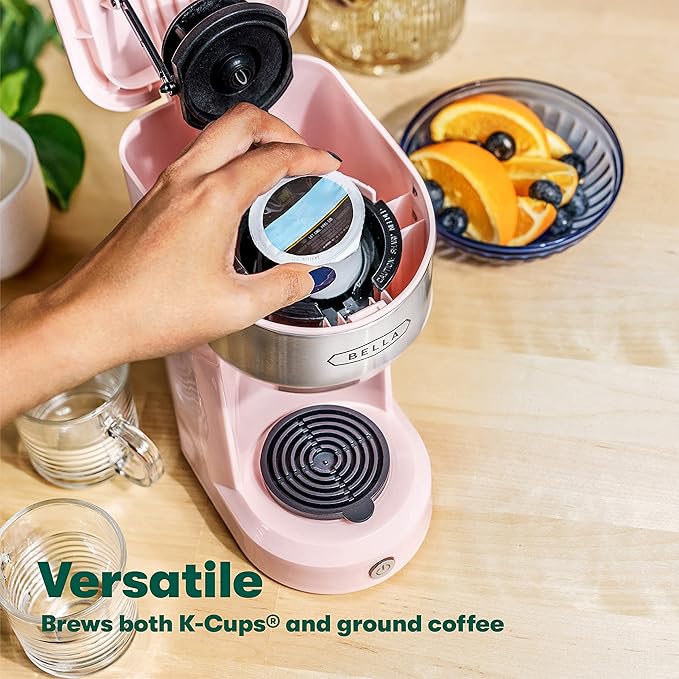 BELLA Dual Brew Single Serve Coffee Maker, Brews both Kcup and Ground Coffee, Large 14oz Capacity, Easy One Touch, Auto Shutoff, Pink