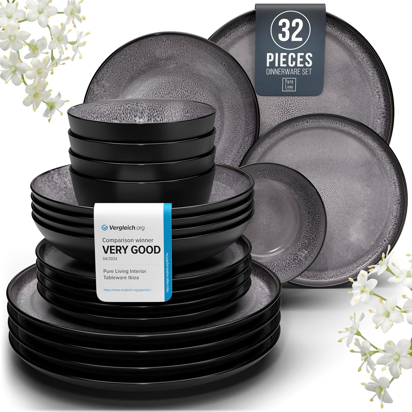Stoneware dinnerware set 8 persons 32 pcs - Dishwasher, microwave and scratch resistant - Bowl and plate set 8 persons modern - Dinner service Pure Living black in gray…
