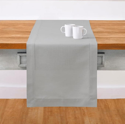Solino Home Cotton Linen Light Grey Table Runner 120 Inches Long - Hemstitch 14 x 120 Inch Table Runner for Christmas, Holiday, New Year