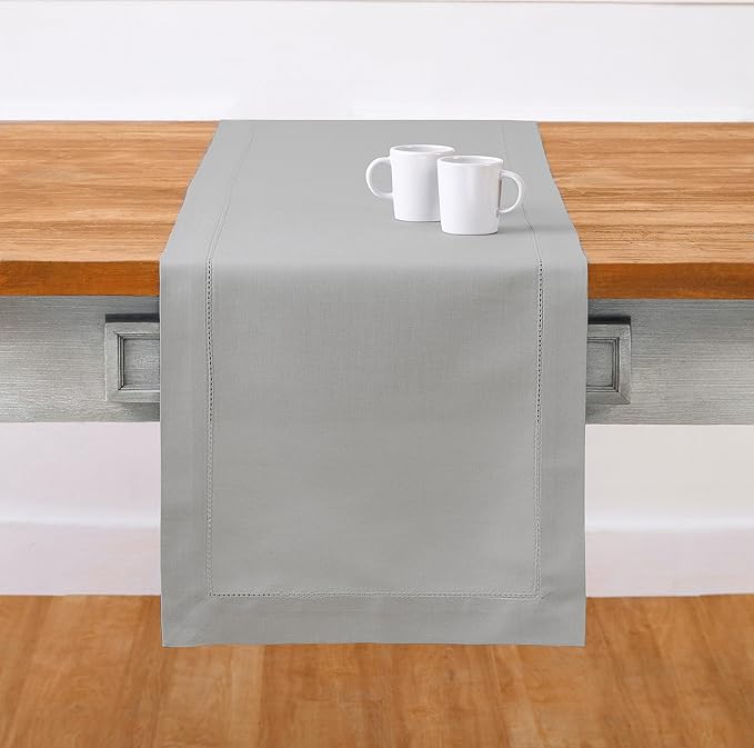 Solino Home Light Grey Table Runner 36 Inches - Cotton Linen Hemstitch Coffee Table Runner 14 x 36 Inch Ideal for Dresser Tables - Christmas, Holiday, New Year