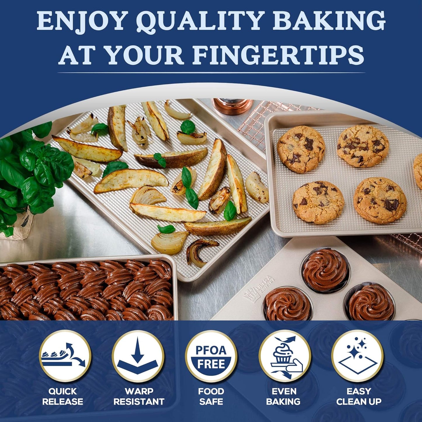 Ultra Cuisine Nonstick Half Sheet Baking Pan - Food Safe Coating, Warp & Scratch Resistant Texture for Airflow, & Carbon Steel Design Durable for Professional Quality Roasting, Size 13 x 18 inch