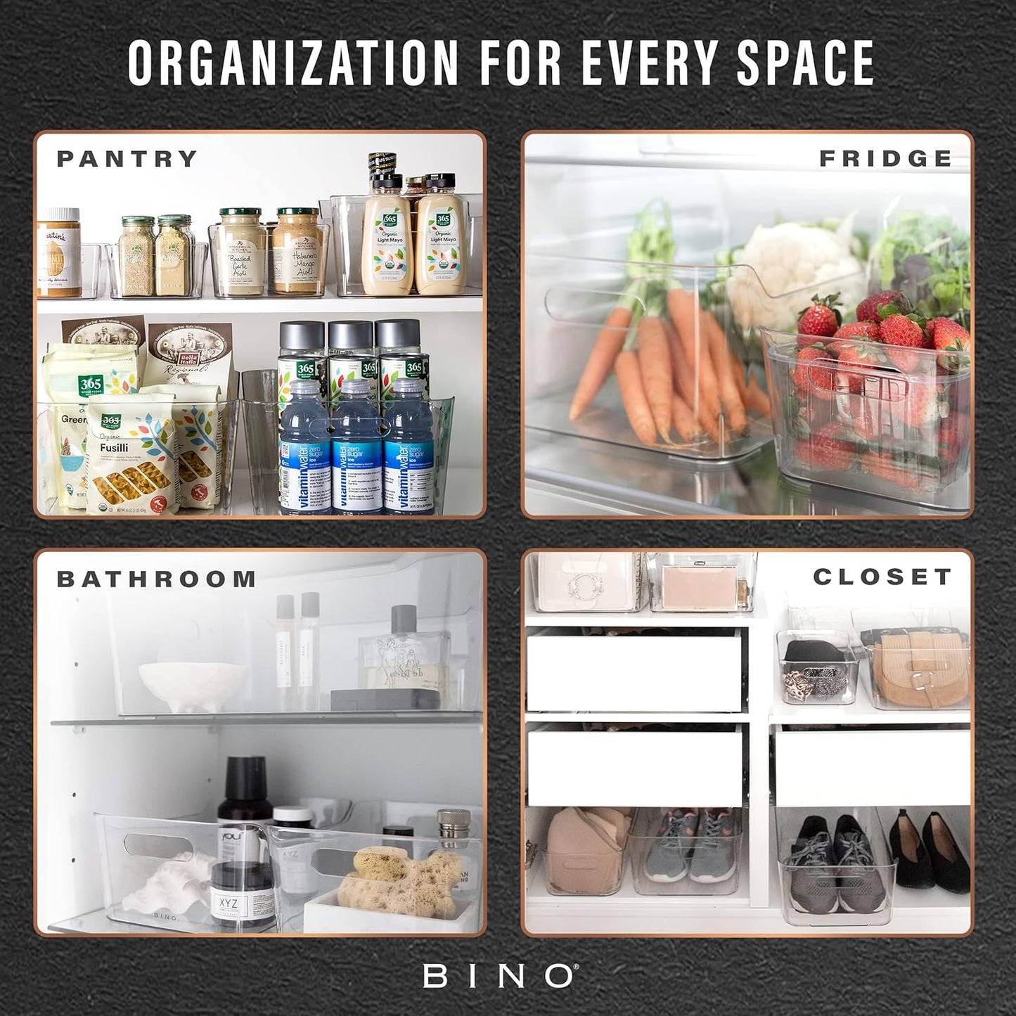 BINO | Plastic Organizer Bins, X-Small - 4 Pack | THE SOHO COLLECTION | Multi-Use Organizer Bins | Pantry & Freezer Bin | Plastic Storage Containers | Bin for Home & Kitchen Org