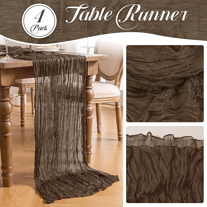 Leetaltree 4 Pack Brown Cheesecloth Table Runner, 35x120 Inch Boho Rustic Cheese Cloth Table Runner, Decorative Table Runners for Bridal Baby Shower Decorations or Wedding Table Decorations