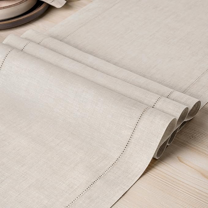 D'Moksha Homes Linen Light Natural Table Runner 48 Inches - Classic Hemstitch, 100% Pure Linen Coffee Table Runner 14 x 48 Inch Ideal for Dresser Tables - Winter, Christmas, Holiday, New Year