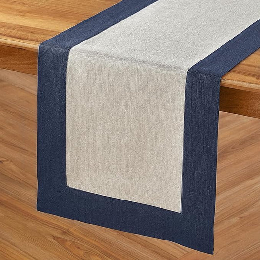 Solino Home Linen Table Runner 108 Inches Long - Navy and Natural 100% Pure Linen 14 x 108 Inch Table Runner for Dining, Winter - Contempo