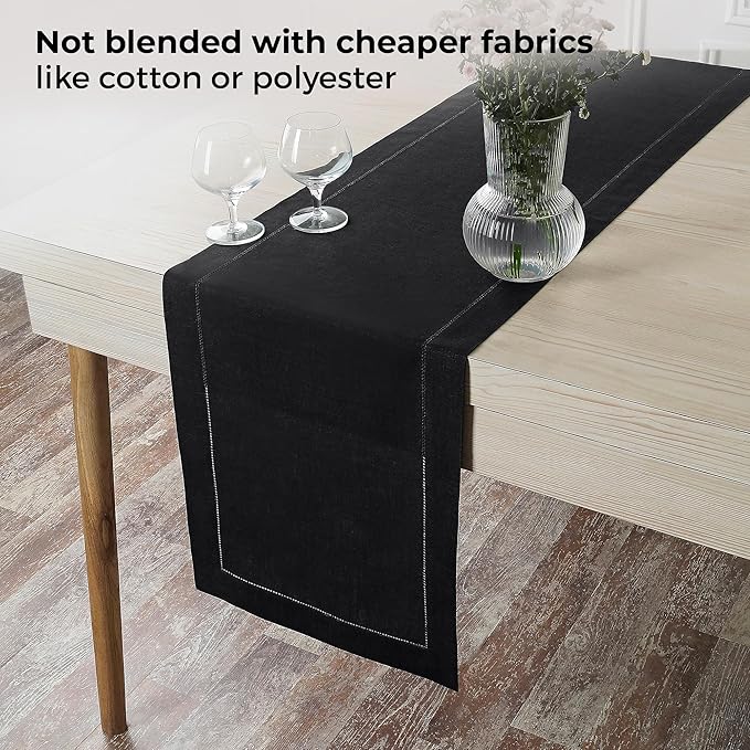 D'Moksha Homes Linen Black Table Runner 48 Inches - Classic Hemstitch, 100% Pure Linen Coffee Table Runner 14 x 48 Inch Ideal for Dresser Tables - Winter, Christmas, Holiday, New Year