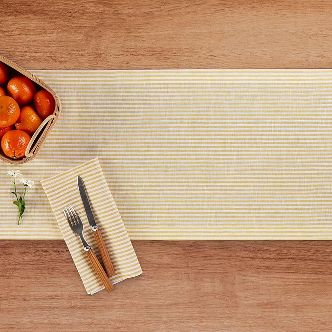 Solino Home Linen Table Runner 36 Inches - Narrow Stripe 100% Pure Linen Spicy Mustard and White Table Runner 14 x 36 Inch Ideal for Dresser and Coffee Tables