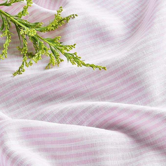 Solino Home Linen Table Runner 108 Inches Long - Narrow Stripe, 100% Pure Linen Pink and White Table Runner 14 x 108 Inch for Dining, Christmas