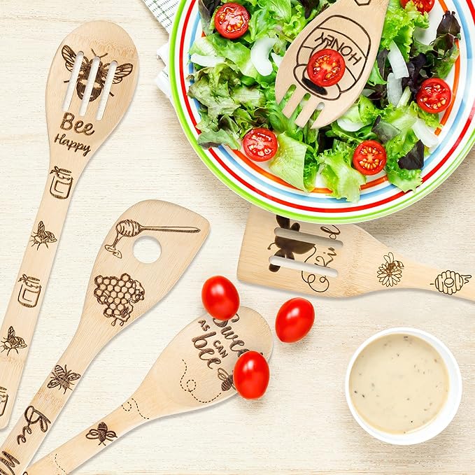 Eartim Bee Wooden Spoons Spatula Set - 5Pcs Bee Themed Cooking Utensil Natural Non-Stick Carve Burned Bamboo Spoon Slotted Spatula Cookware Kitchen Gadgets Housewarming Gift Chef Present Kitchen Decor