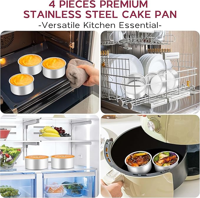 Onader 4 Inch Mini Cake Pan Set of 4, Stainless Steel Round Baking Smash Cake Pan Tin for Birthday Wedding, Small Size & 2 Inch Deep