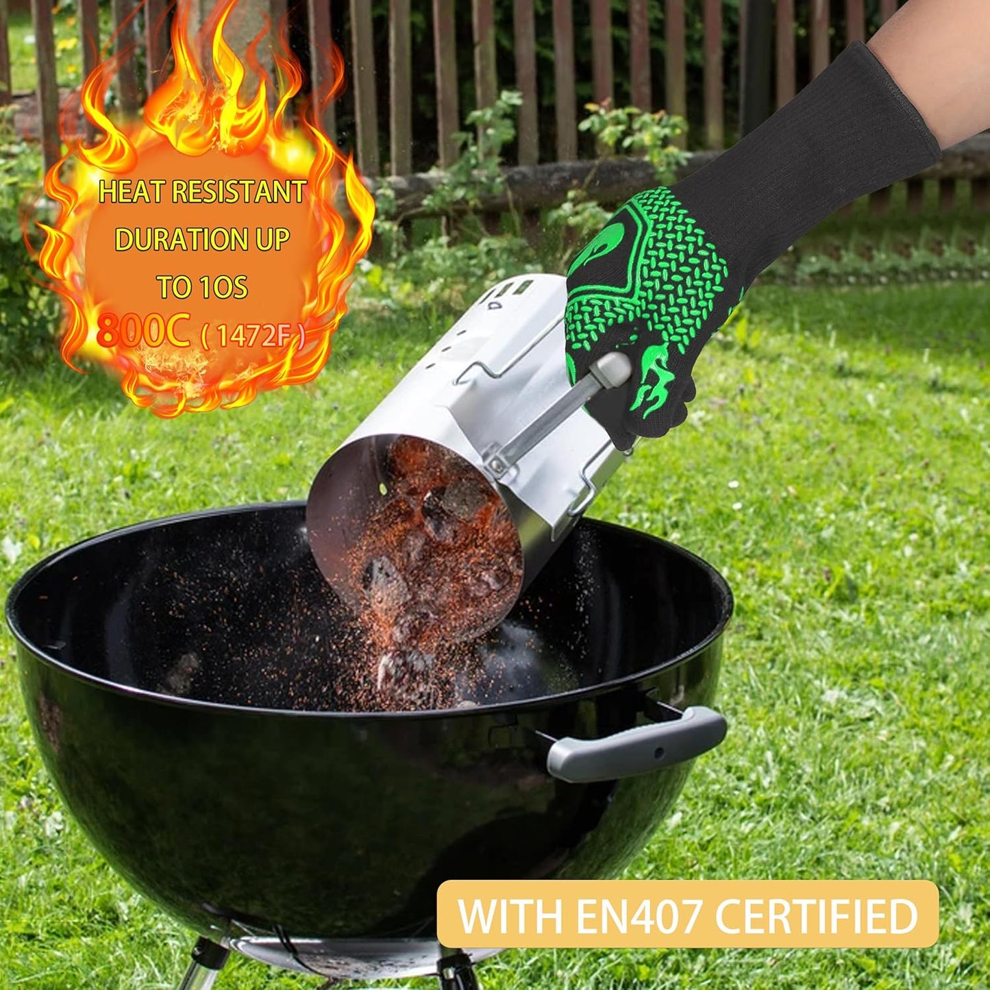 BBQ Fireproof Gloves, Grill Cut-Resistant Gloves 1472°F Heat Resistant Gloves, Non-Slip Silicone Oven Gloves, Kitchen Safe Cooking Gloves for Oven Mitts,Barbecue,Cooking, Frying,13.5 Inch-Green