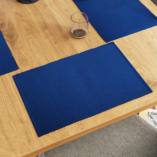 Encasa XO Dining Placemat Set of 6 | Solid Solid Blue Color | Fine Ribbed Cotton Table mat | Size 19x13 in |for Dining Table Fall Decoration, Holiday & Christmas Festivals - Machine Washable