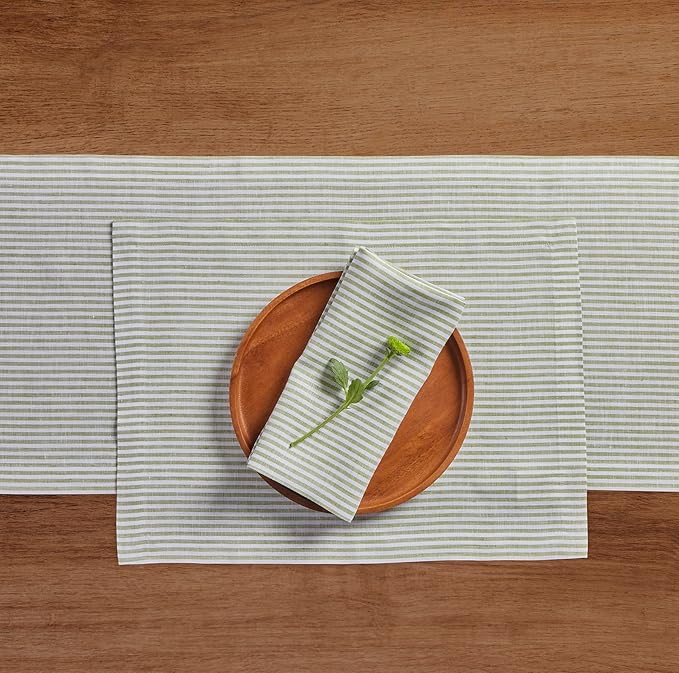 Solino Home Linen Table Runner 144 Inches Long - Narrow Stripe, 100% Pure Linen Avocado and White Table Runner 14 x 144 Inch for Dining