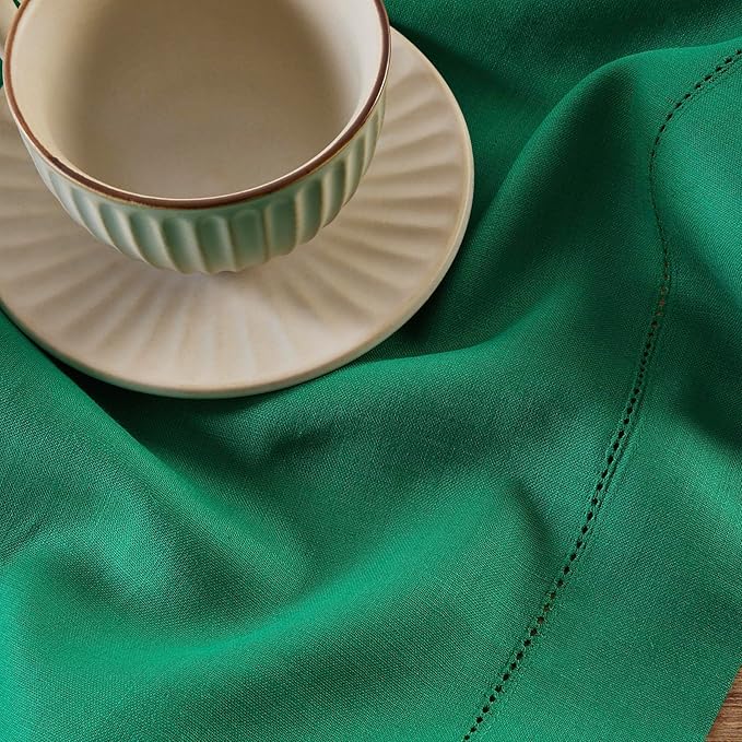 Solino Home Linen Table Runner 90 Inches Long - 100% Pure Linen Emerald Green Table Runner 14 x 90 Inch for Christmas, New Year - Classic Hemstitch