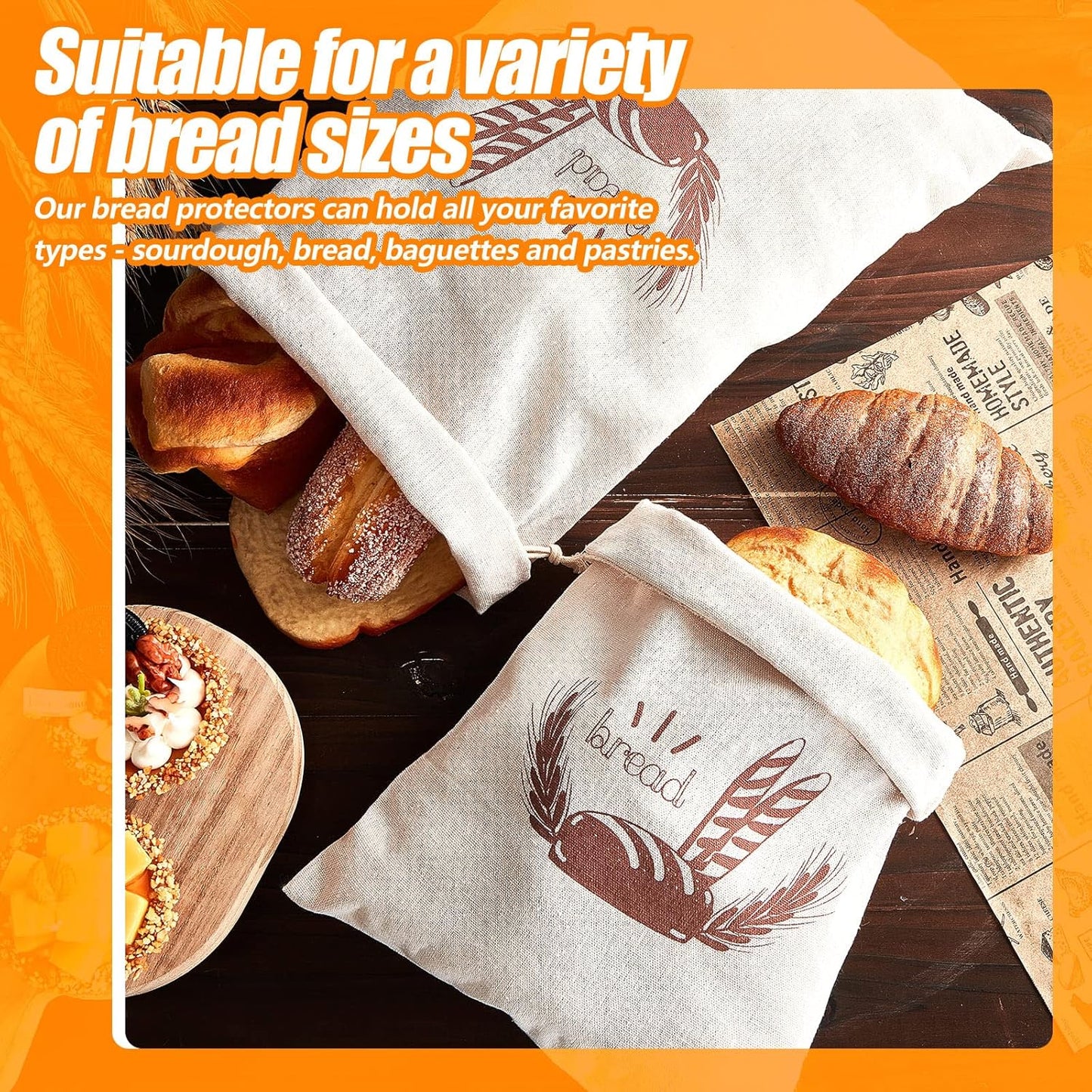 Dunzy 20 Pcs Linen Bread Bag Reusable Container Drawstring Bread Bags Storage Unbleached for Food Baking Kitchen Sandwich Bakery Picnic Wedding Wrapping Camping (10 x 12 Inch, 11 x 17 Inch)