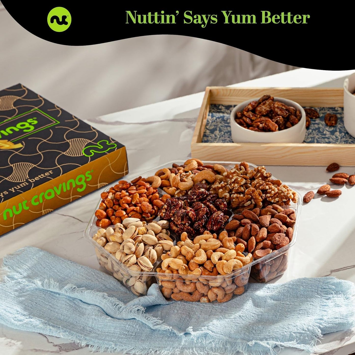 NUT CRAVINGS - Mixed Nuts Gift Basket in Black Gold Box (7 Assortments, 1 LB) Food Arrangement, Healthy Snack Care Package, Food Assortments