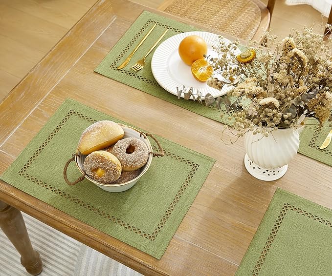 Burlap Placemats Set of 4, 12 x 18 Inch Rustic Geometric Hollow Place Mats, Heat Resistant Placemats for Farmhouse Kitchen Table Decor, Sage Green 4PCS