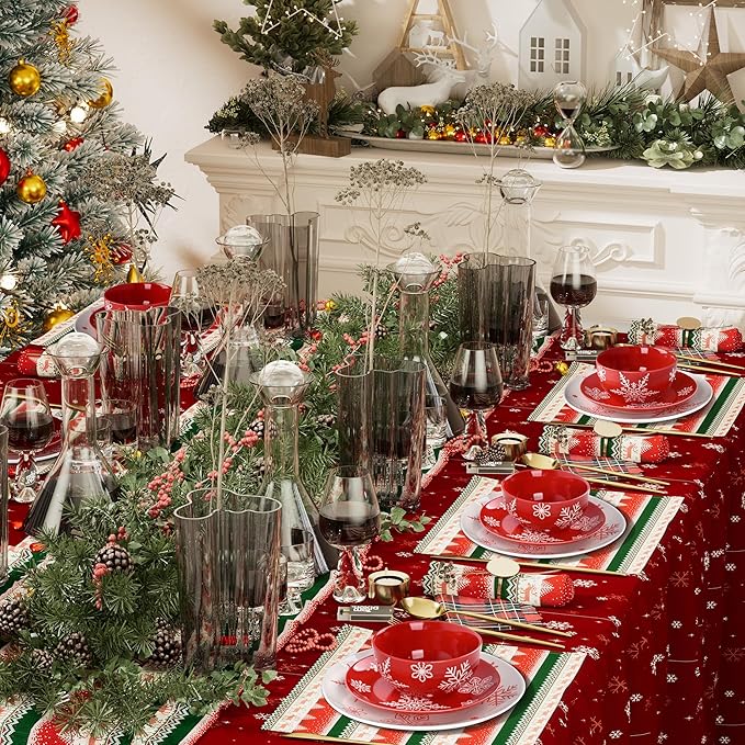 4 Pcs Christmas Cereal Bowls, 23 Oz Ceramic Bowl Set, Deep Serving Bowls, White Red Snowflake Xmas Holiday Soup Bowls for Salad, Dessert, Pasta, Ice Cream, Dishwasher and Microwave Safe