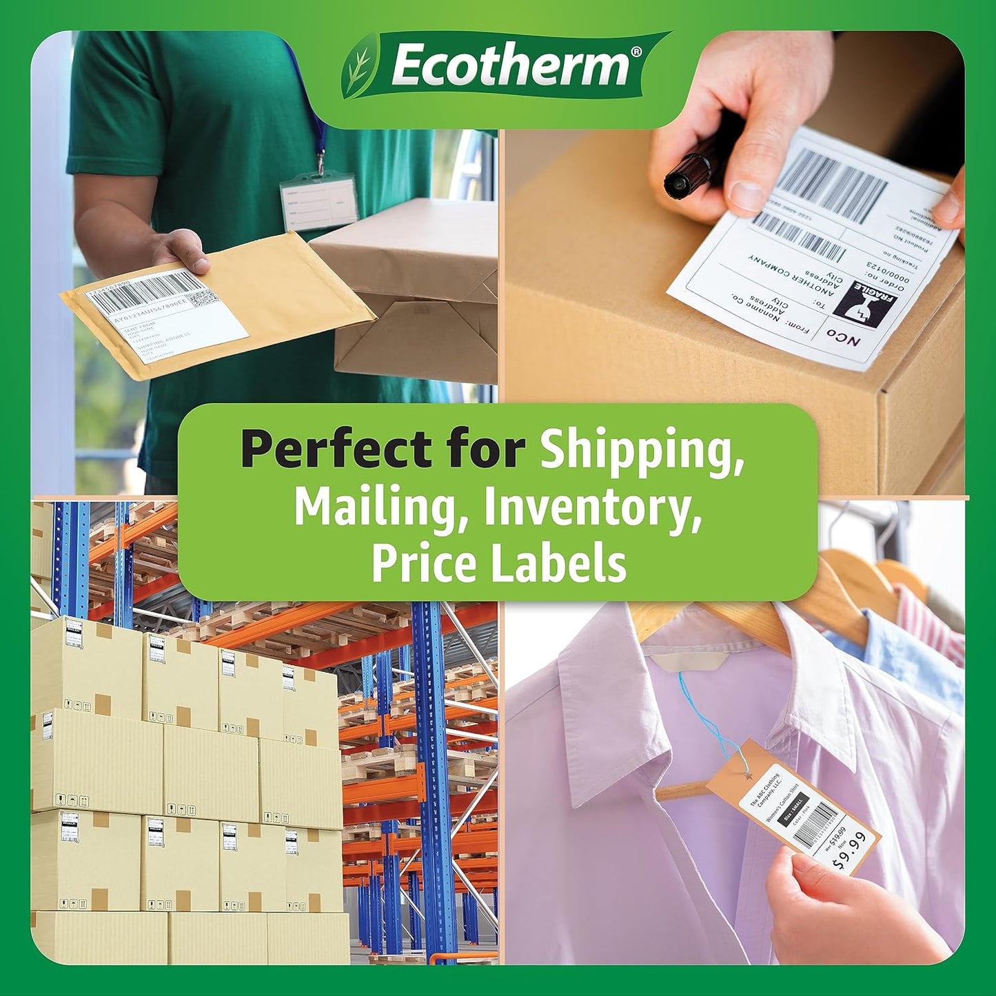 4" x 6" Mobile Printer Labels | 25 Rolls | 2625 Labels | fits Zebra ZQ630, QL420, and QLn420 Printers | Black Mark On Liner | .75" Core Rolls | by Ecotherm