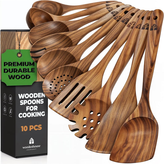Wooden Spoons for Cooking, 10 Pcs Wooden Cooking Utensils Set – Wooden Utensil Set for Nonstick Pans & Cookware – Teak Wood - Sturdy, Lightweight & Heat Resistant