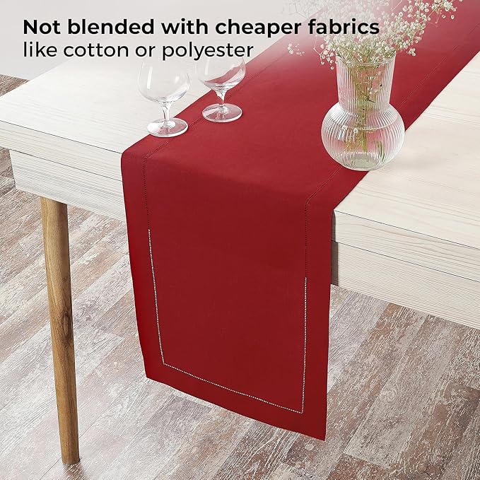 D'Moksha Homes Linen Table Runner 14 x 90 Inch - 100% Pure Linen Classic Hemstitch Red Table Runner - Machine Washable Farmhouse Table Runner for Christmas Decor, New Year