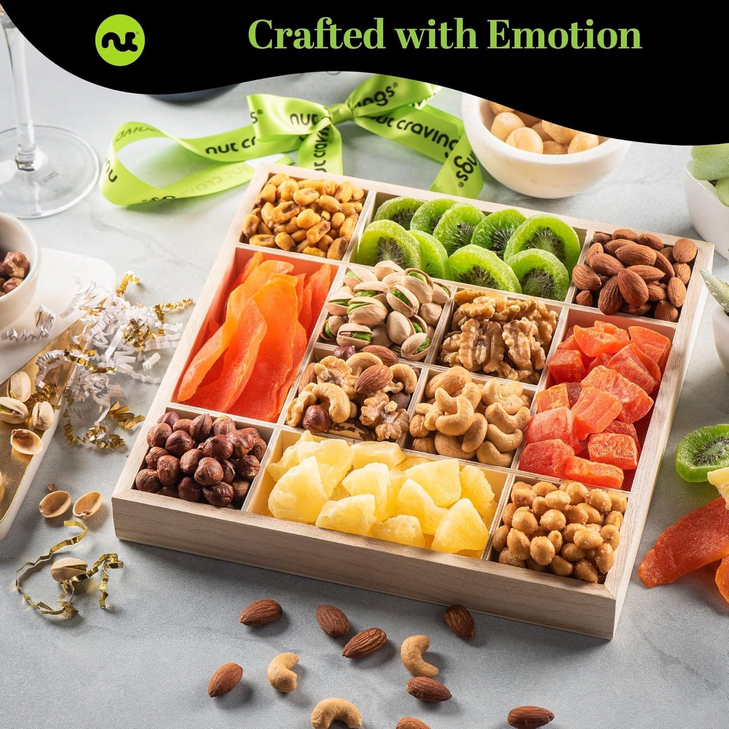 NUT CRAVINGS - Rosh Hashana & Shana Tova Dried Fruit & Mixed Nuts Gift Basket in Reusable Wooden Tray + Ribbon (12 Assortments) Food Arrangement, Healthy Snack Care Package, Food Assortments