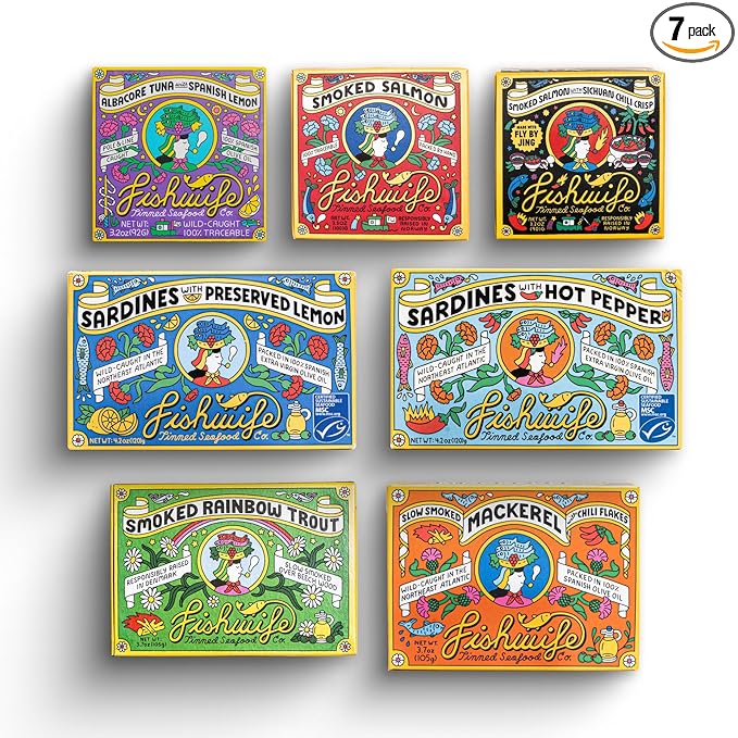 Fishwife Starter 7-Pack (Variety of Tinned Seafood including Smoked Salmon, Rainbow Trout, Sardines, Tuna & More!) | Gluten Free, High Protein, Omega-3s | Hand-Packed