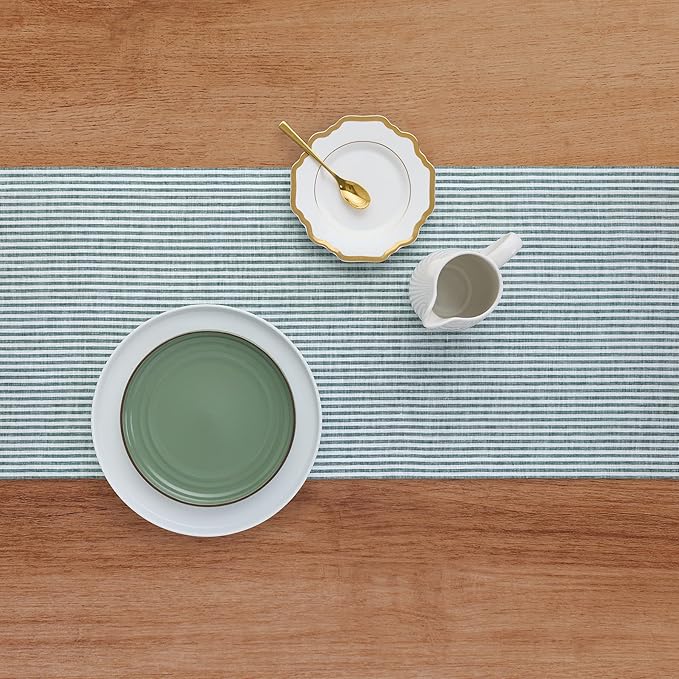 Solino Home Linen Striped Table Runner 108 Inches Long - Narrow Stripe 100% Pure Linen Rainforest and White Dining Table Runner 14 x 108 Inch for Christmas, New Year