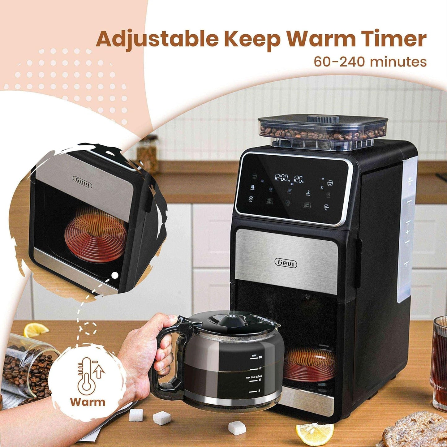 Gevi 10-Cup Grind & Brew Coffee Maker with Built-in Burr Grinder – Programmable Touch Screen, 4-Hour Keep Warm, Permanent Filter, Drip Coffee Machine for Home & Office