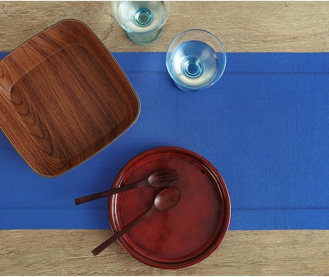 Solino Home Linen Royal Blue Table Runner 90 Inches Long - 100% Pure Linen 14 x 90 Inch Table Runner for Christmas, New Year - Classic Hemstitch
