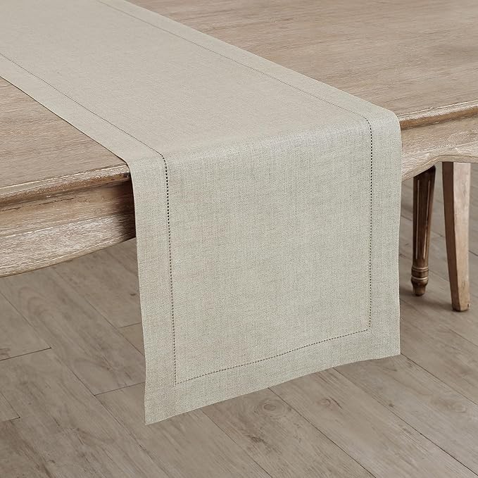 Solino Home Linen Natural Table Runner 108 Inches Long - 100% Pure Linen 14 x 108 Inch Table Runner for Christmas, New Year - Classic Hemstitch