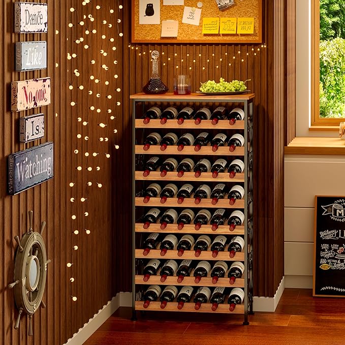 Sonyabecca 48 Bottles Wine Rack Freestanding Floor with Wood Top, 8 Tier Wine Bottle Holder, Wine Storage for Kitchen Pantry, Tall Wine Bar Stand Shelf Display 25.2''L X 10.7''W X 47.2''H