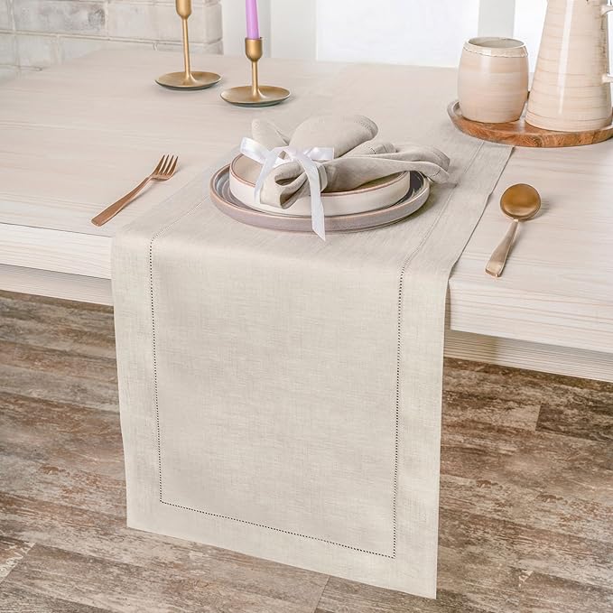 D'Moksha Homes Linen Light Natural Table Runner 48 Inches - Classic Hemstitch, 100% Pure Linen Coffee Table Runner 14 x 48 Inch Ideal for Dresser Tables - Winter, Christmas, Holiday, New Year