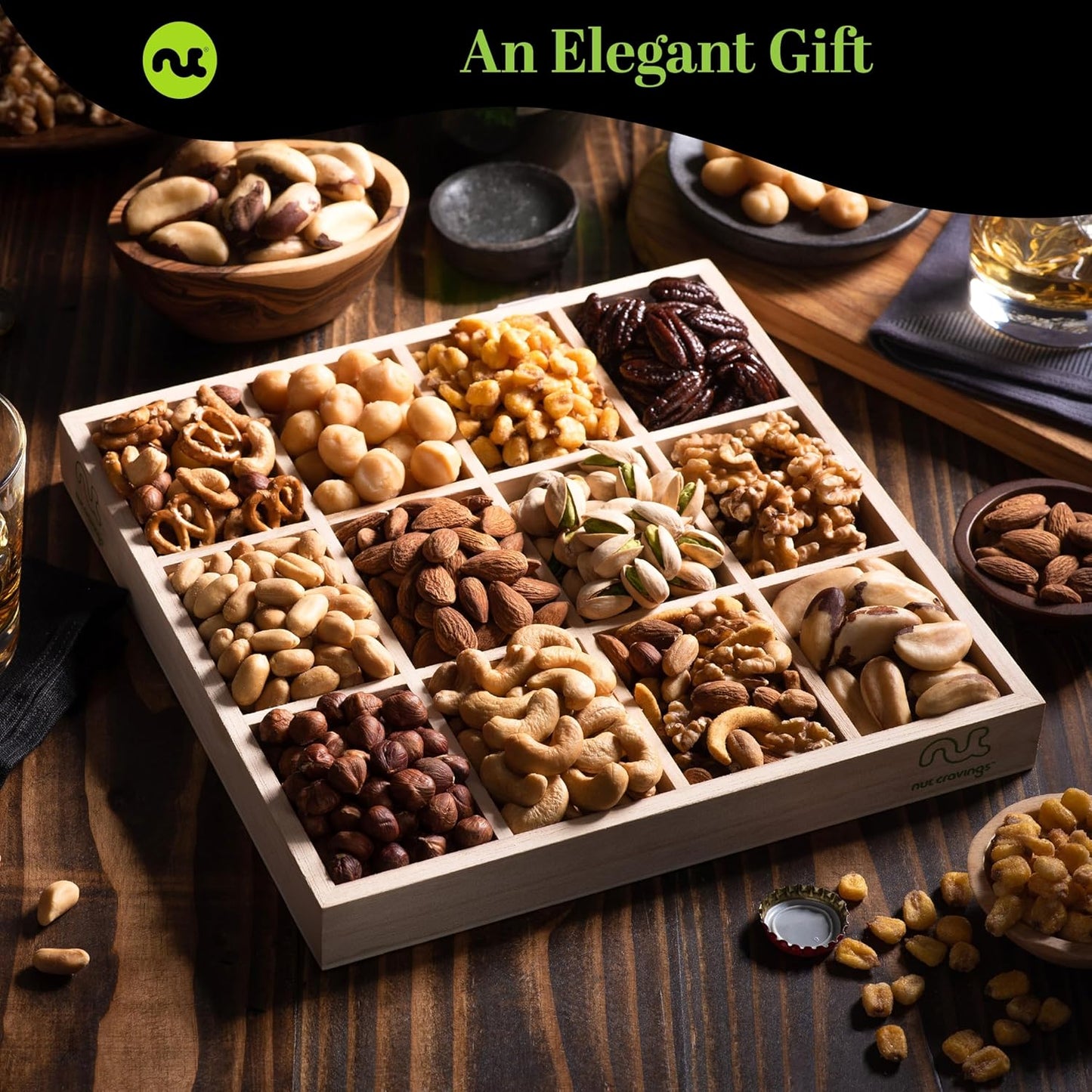 NUT CRAVINGS - Mixed Nuts Gift Basket in Reusable Wooden Tray + Heart Ribbon (12 Assortments) Food Arrangement, Healthy Snack Care Package, Food Assortments