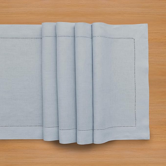Solino Home Linen Dusty Blue Table Runner 90 Inches Long - 100% Pure Linen Hemstitch 14 x 90 Inch Table Runner for Dining - Classic Hemstitch