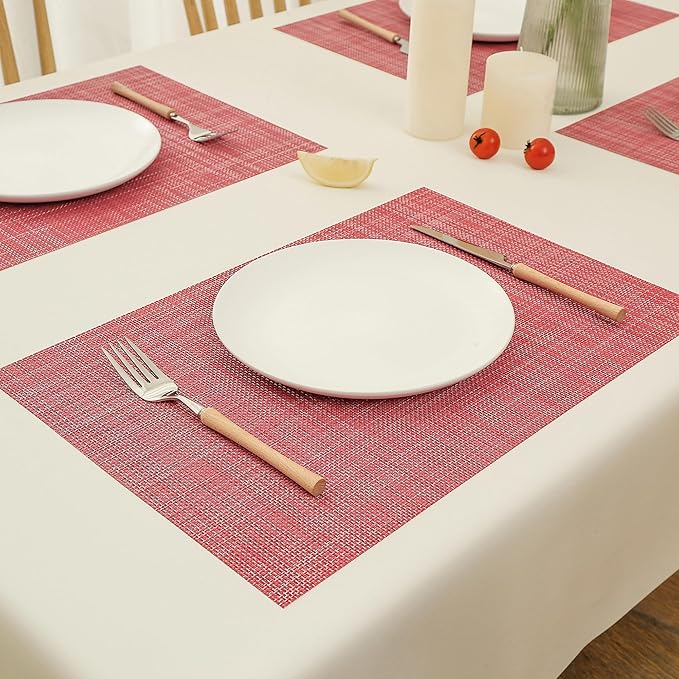 Christmas Red Placemats Set of 8 - Heat Resistant Non-Slip Place mats for Dining Table, Washable Durable PVC Vinyl Woven Table Mats（Red, 8）