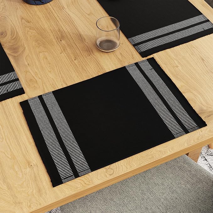 Encasa XO Dining Placemat Set of 6 | Solid Ladder Black Color | Fine Ribbed Cotton Table mat | Size 18x13 in |for Dining Table Fall Decoration, Holiday & Christmas Festivals - Machine Washable
