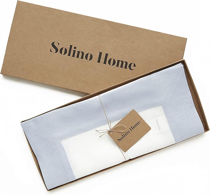 Solino Home Linen Table Runner 90 Inches Long - Light Blue and White 100% Pure Linen 14 x 90 Inch Table Runner for Dining, Winter, Christmas, New Year - Contempo