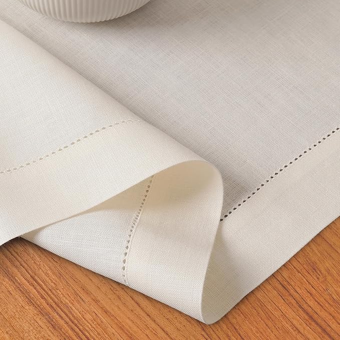 D'Moksha Homes Linen Ivory Table Runner 120 Inches Long - 100% Pure Linen Hemstitch 14 x 120 Inch Table Runner for Dining, Winter, Christmas, Holiday, New Year - Classic Hemstitch