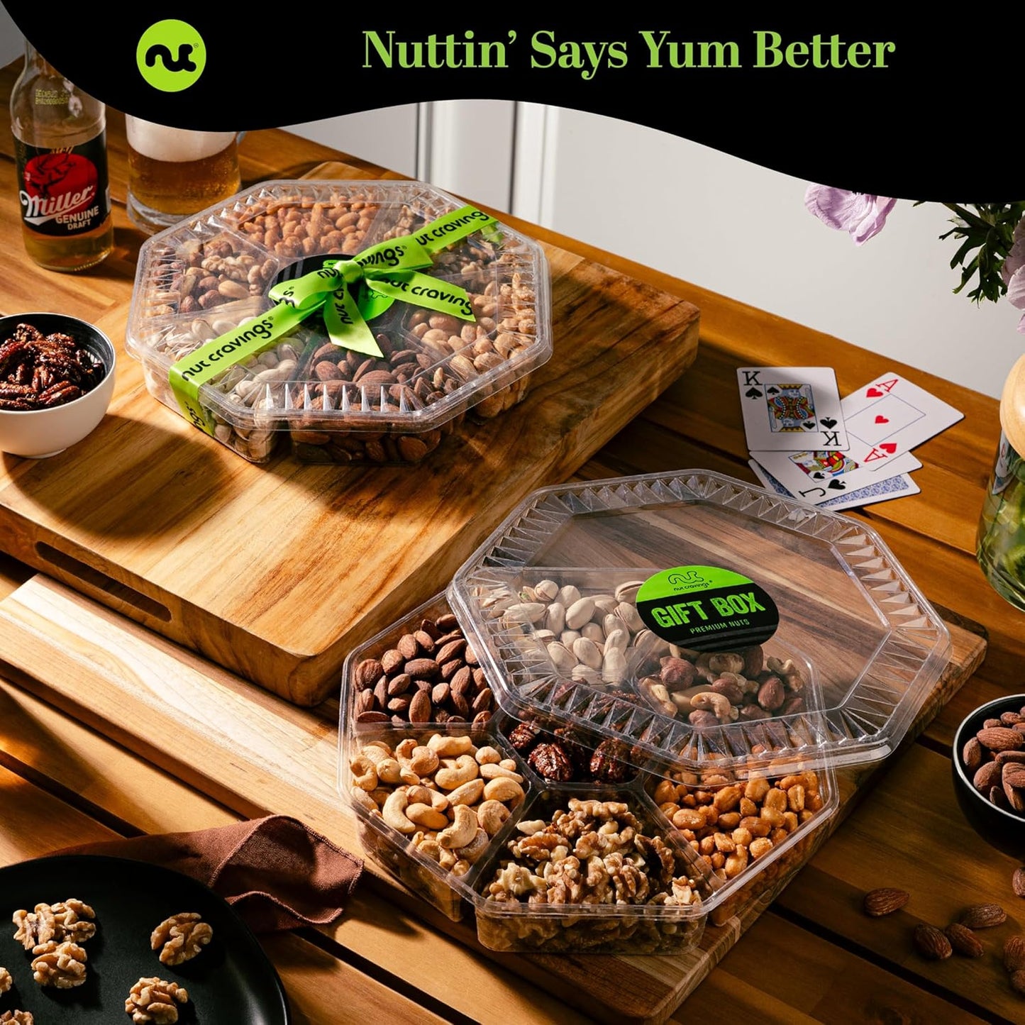 NUT CRAVINGS - Mixed Nuts Gift Basket in Green Gold Box (7 Assortments, 1 LB) Food Arrangement, Healthy Snack Care Package, Food Assortments
