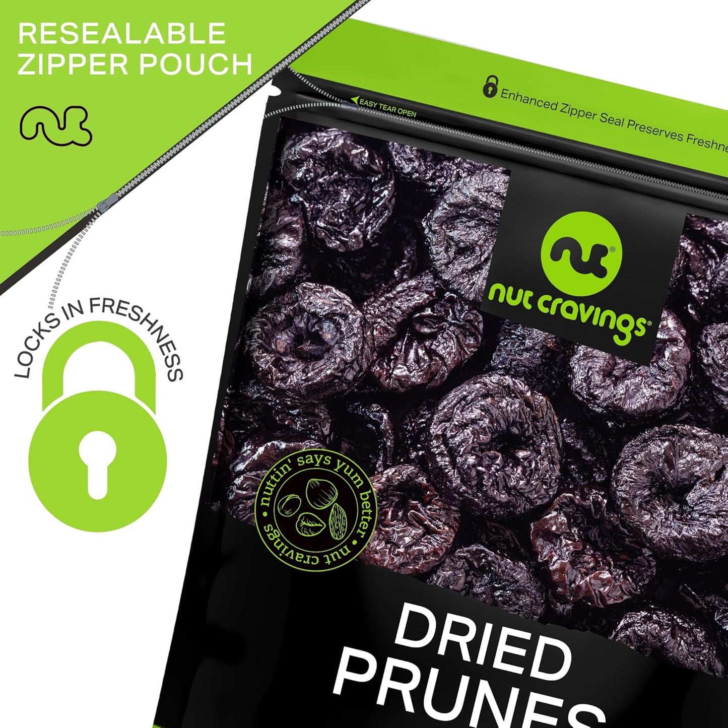NUT CRAVINGS - Dried Prunes Pitted Unsweetened, Dry Plums No Sugar Added (32oz, 2 LB) Bulk Dry Fruits Packed Fresh in Resealable Bag - Sweet Healthy Snack, Naturally Grown, Vegan, Kosher