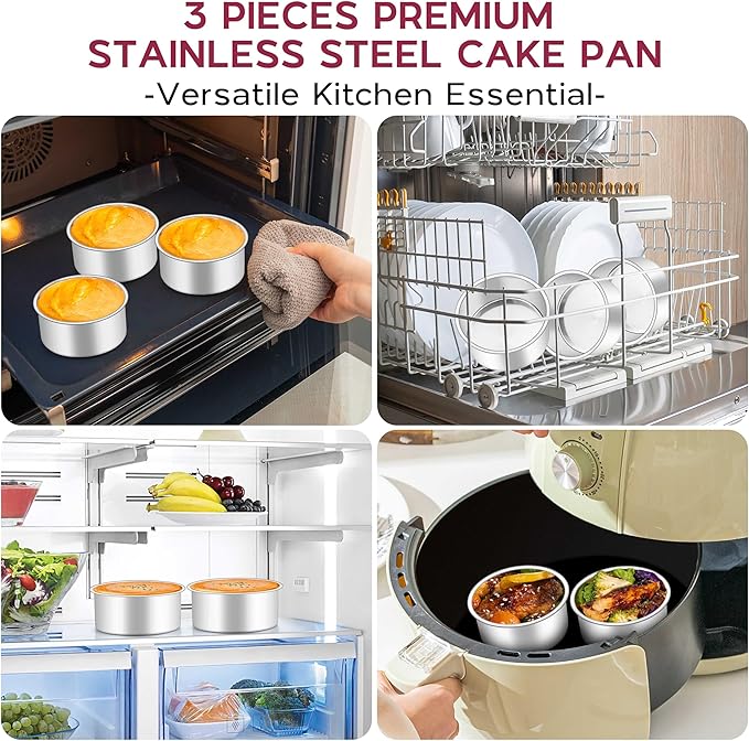 Onader Mini Round Cake Pan Set for Baking, 4 Inch Stainless Steel Baking Pan Tin Set of 3