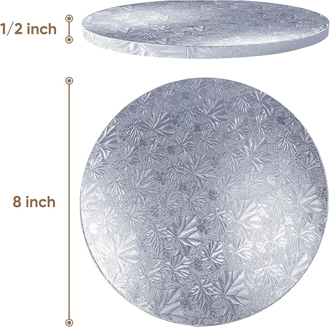 Cakebon Cake Boards - Sturdy 1/2 Inch Thick Drums - 8 Inch Professional Smooth Straight Edges Silver 6-Pack