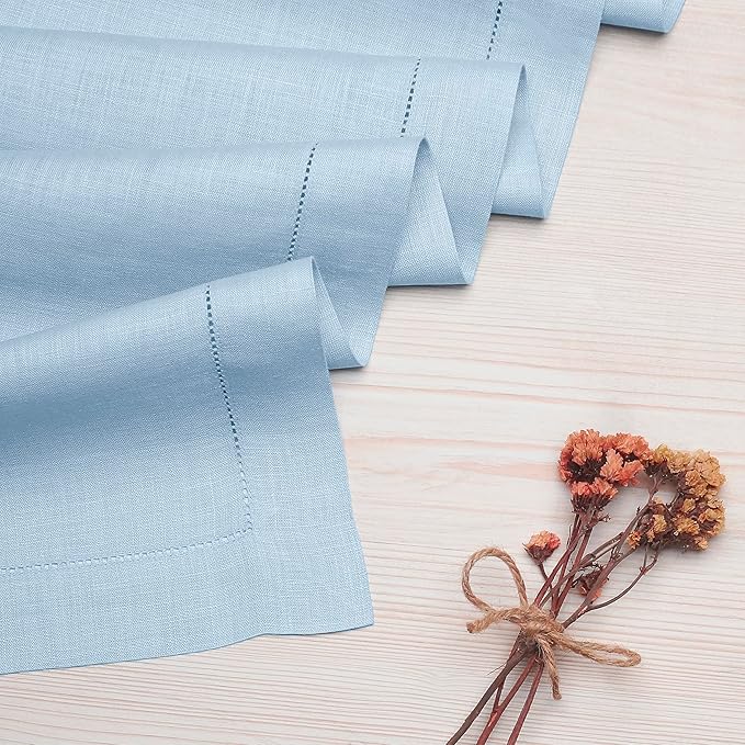 D'Moksha Homes Linen Powder Blue Table Runner 60 Inches - Classic Hemstitch, 100% Pure Linen Coffee Table Runner 14 x 60 Inch Ideal for Dresser Tables - Winter, Christmas, Holiday, New Year